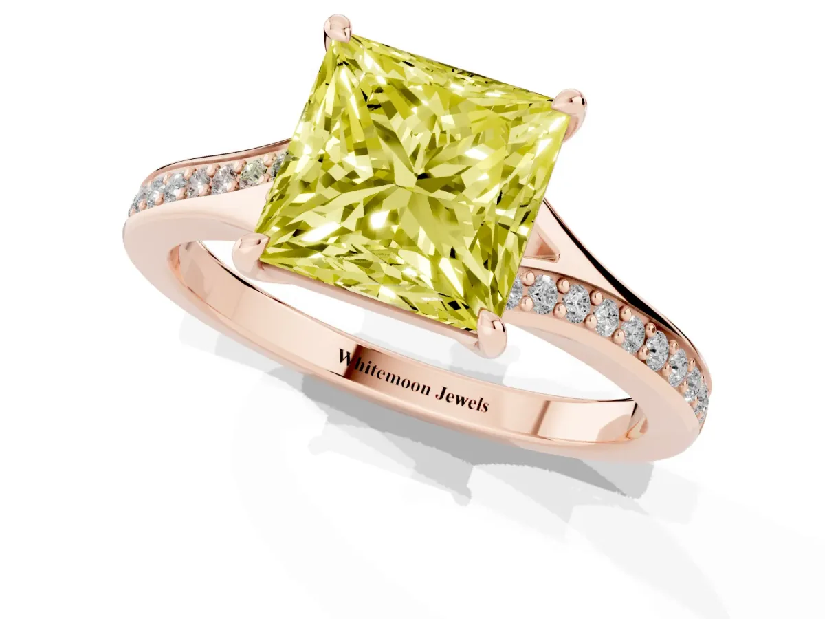 Fancy Yellow Princess Cut Diamond Solitaire Ring with Pavé Band and Prong Setting Rose gold