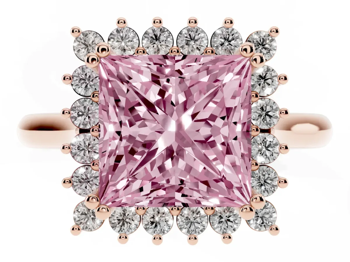 Fancy Pink Princess Cut Cut Diamond Halo Ring with Solitaire Band and Prong Setting Rose gold