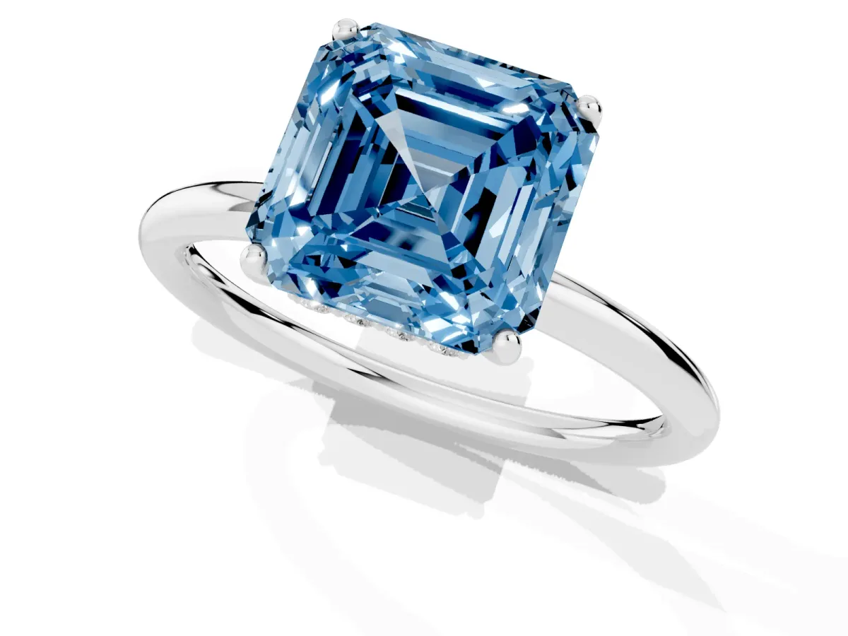 Fancy Blue Asscher Cut Solitaire Diamond Ring with a Classic Band and Four-Prong Setting Silver
