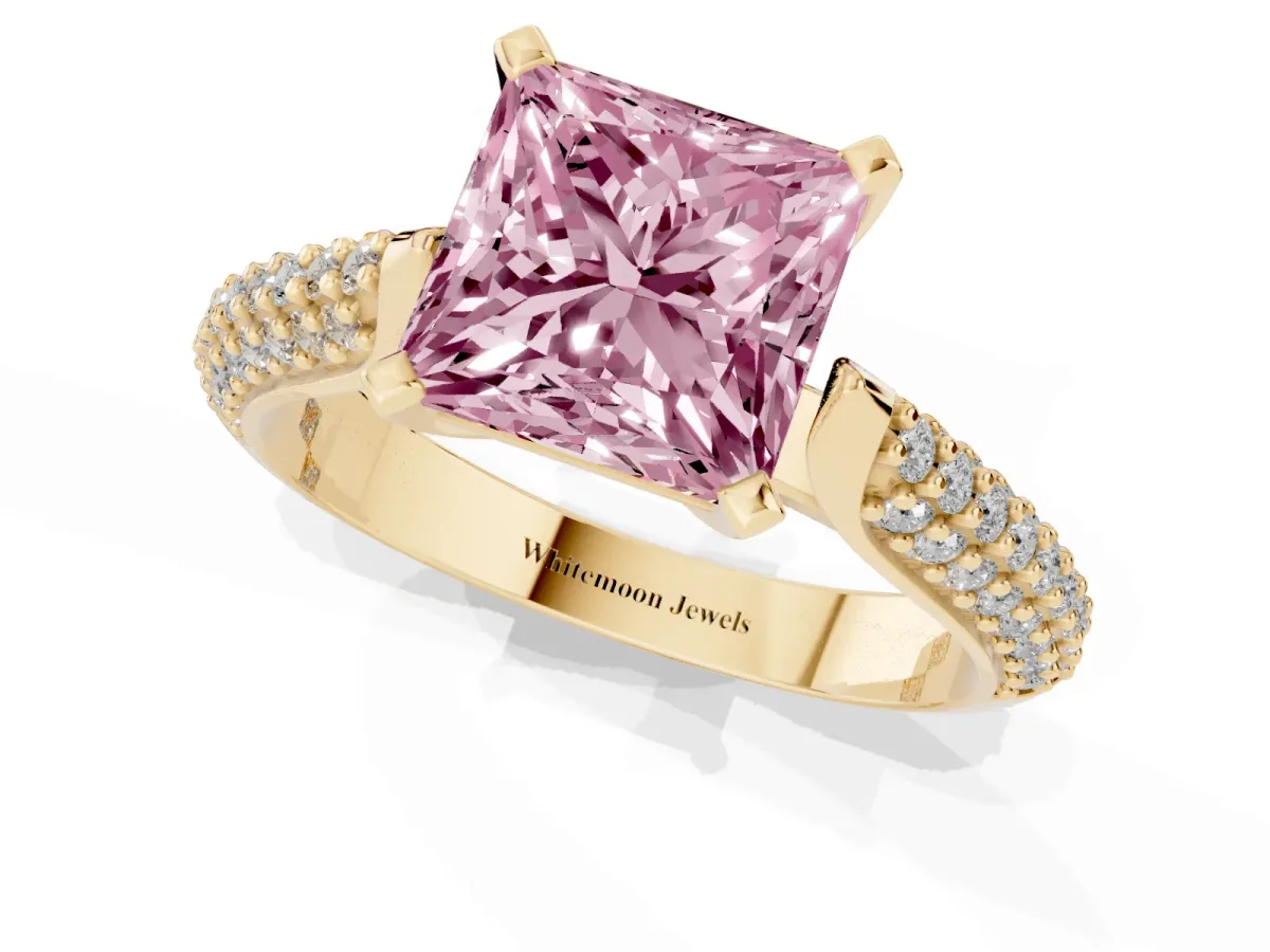 Fancy Pink Princess Cut Diamond Solitaire Engagement Ring with Multi-Row Round Pavé Band and Prong Setting Yellow gold