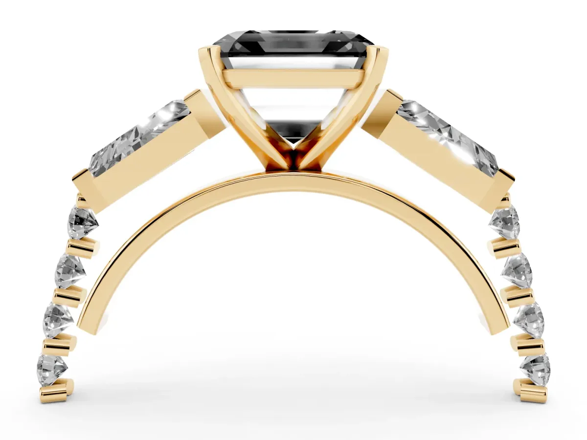 Fancy Black Asscher Cut Diamond Engagement Ring with Baguette Side Stones and Channel Set Band Yellow gold