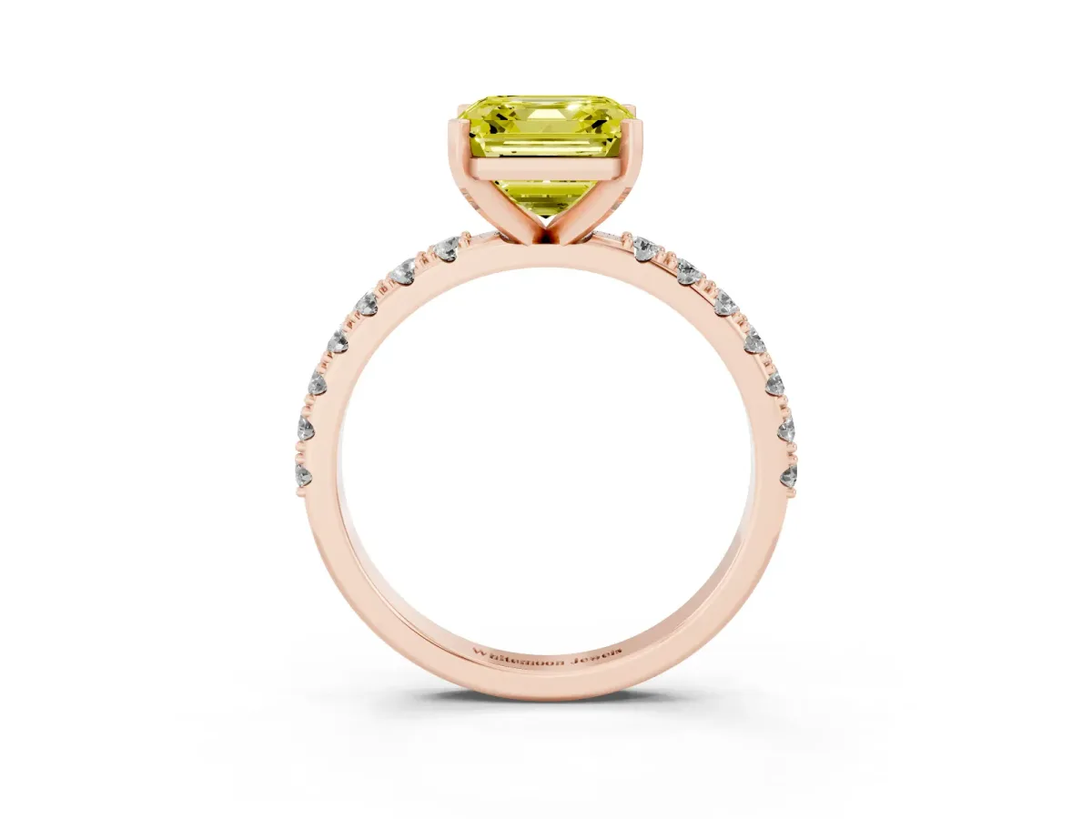 Fancy Yellow Asscher Cut Diamond Solitaire Pavé Band with Four-Prong Setting Rose gold