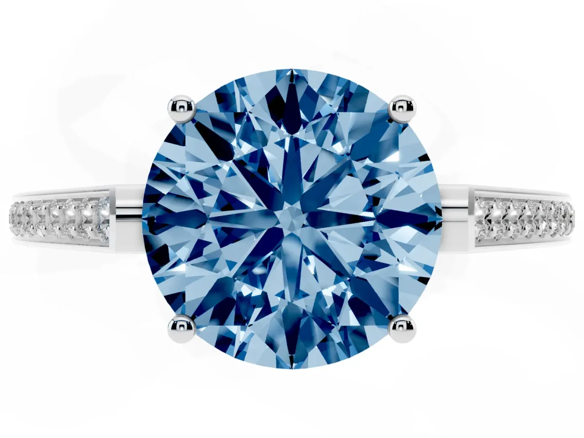 Fancy Blue Round Cut Cut Cathedral Pave Diamond Engagement Ring with Six-Prong Setting Platinum