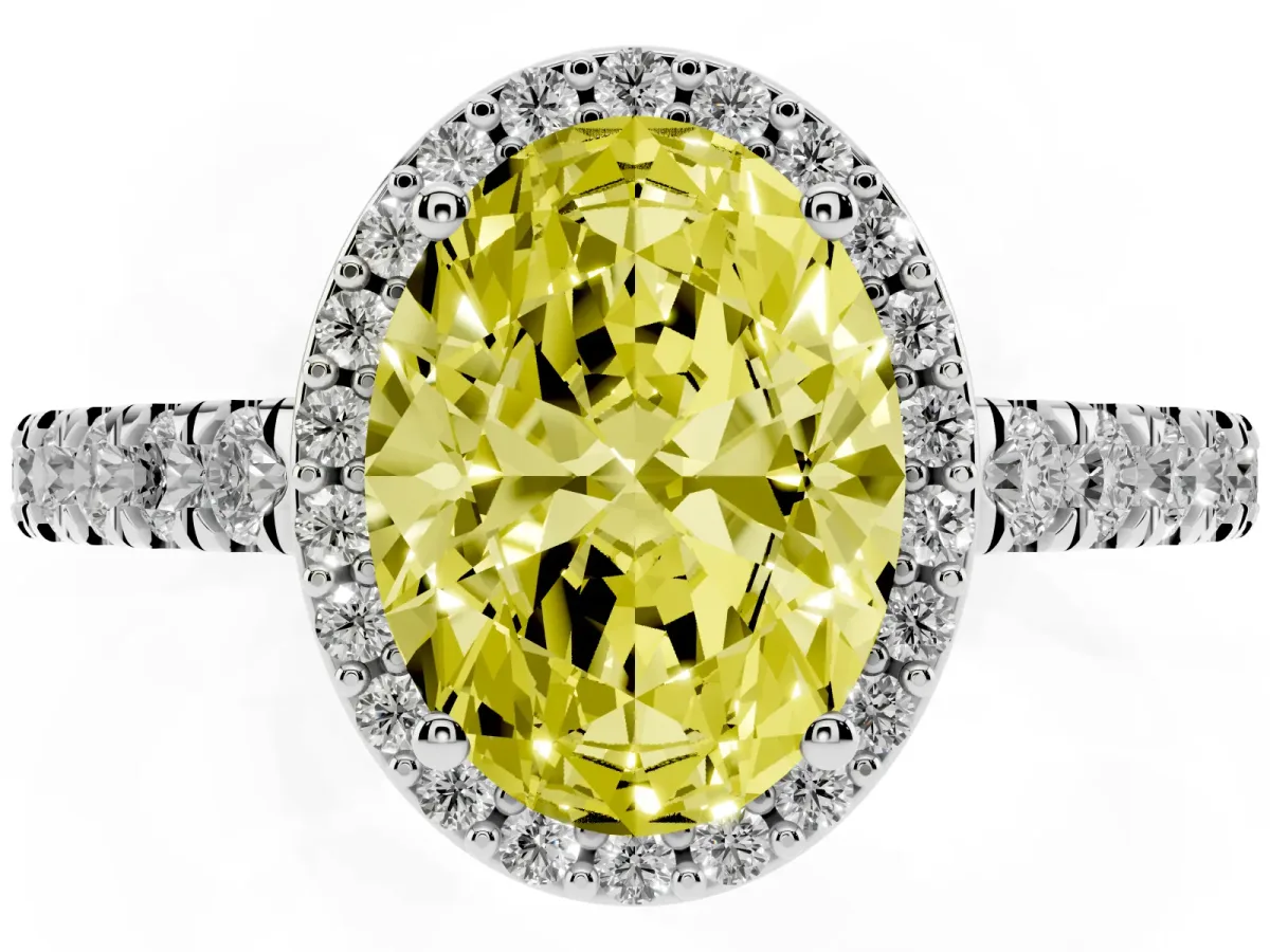 Fancy Yellow Oval Cut Cut Halo Diamond Engagement Ring with Pave Band and Four-Prong Setting Silver