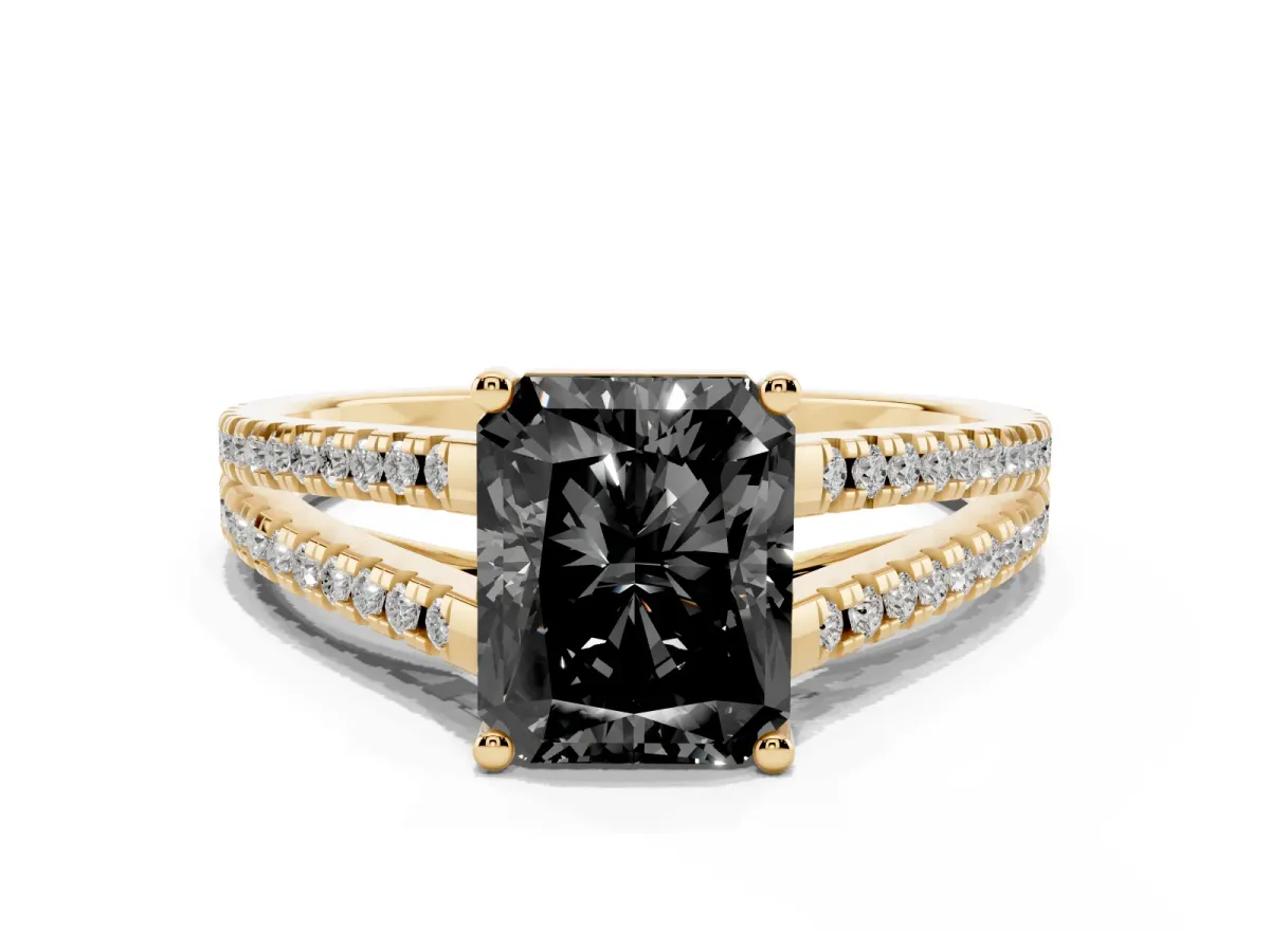 Fancy Black Radiant Cut Diamond Solitaire Engagement Ring with Split Shank Pavé Band Yellow gold