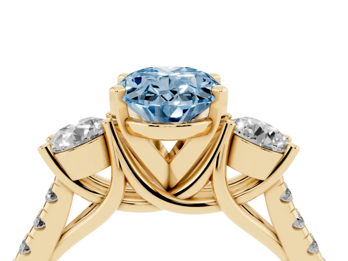 Fancy Blue Three-Stone Oval Cut Diamond Pavé Band with Four-Prong Setting Yellow gold