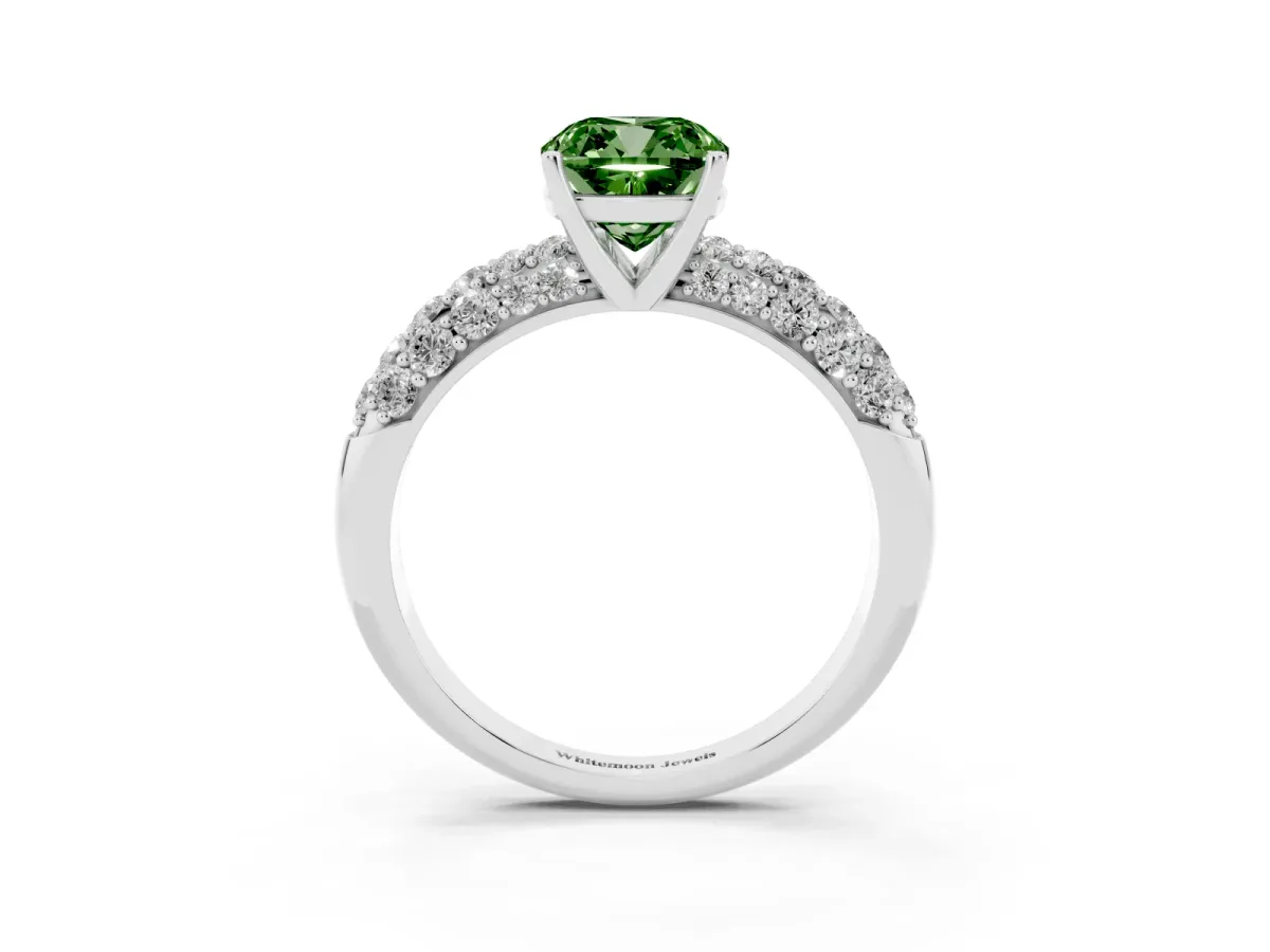 Fancy Green Cushion Cut Diamond Pavé Band Solitaire Ring with Four-Prong Setting Silver