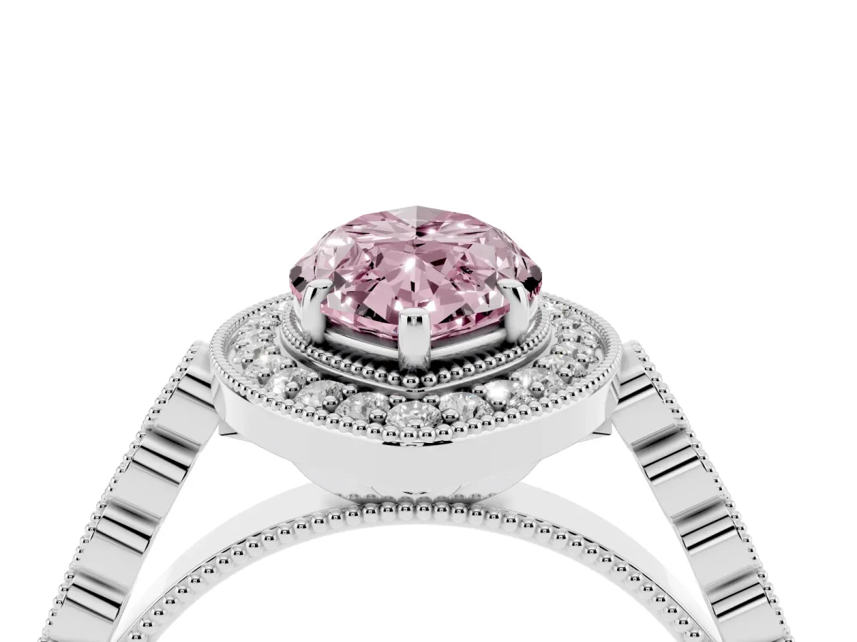 Fancy Pink Marquise Cut Halo Milgrain Solitaire with Bezel Set Side Stones and Pave Band White gold