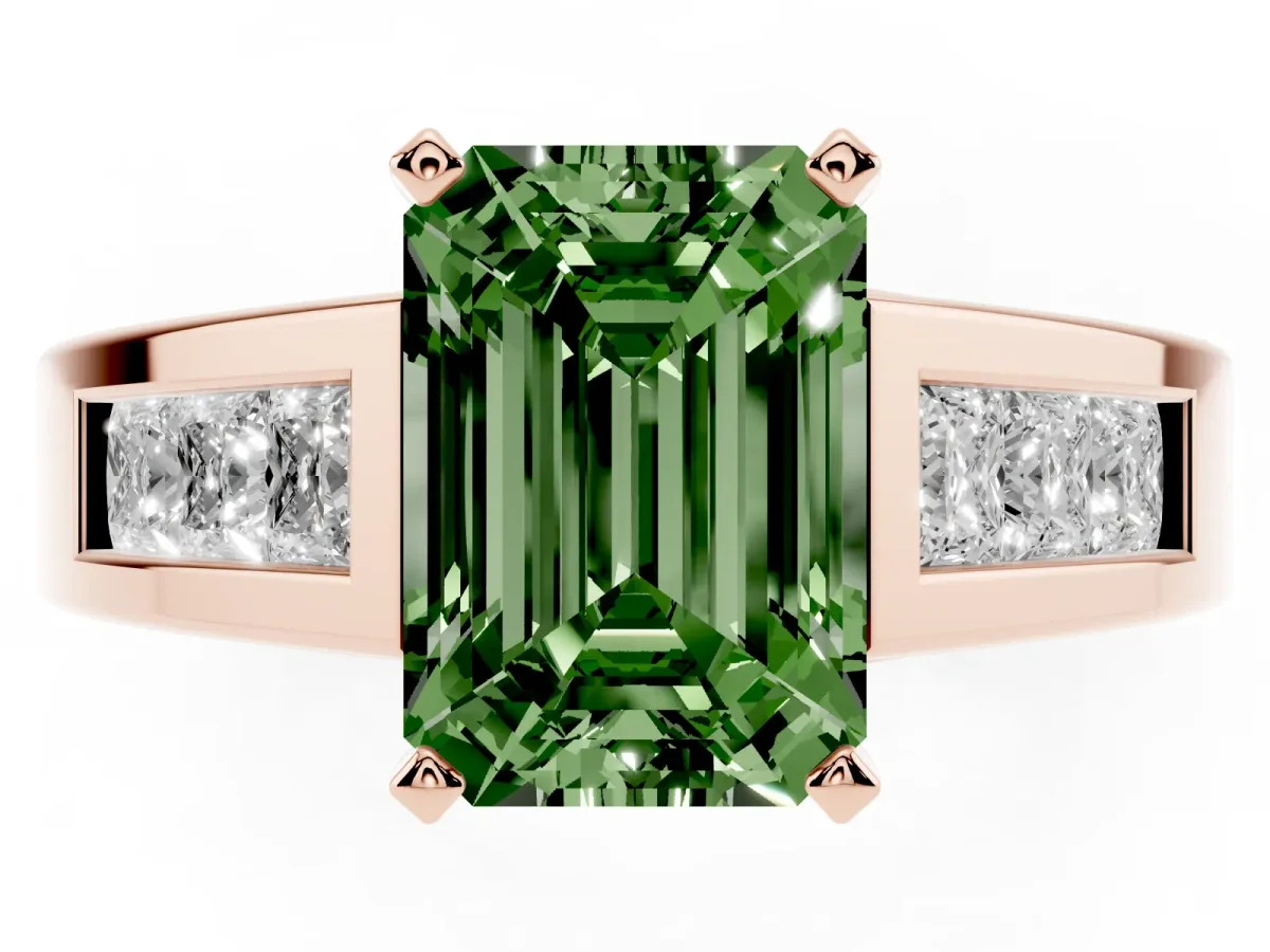 Fancy Green Emerald Cut Cut Channel Set Solitaire Ring with Four-Prong Setting Rose gold