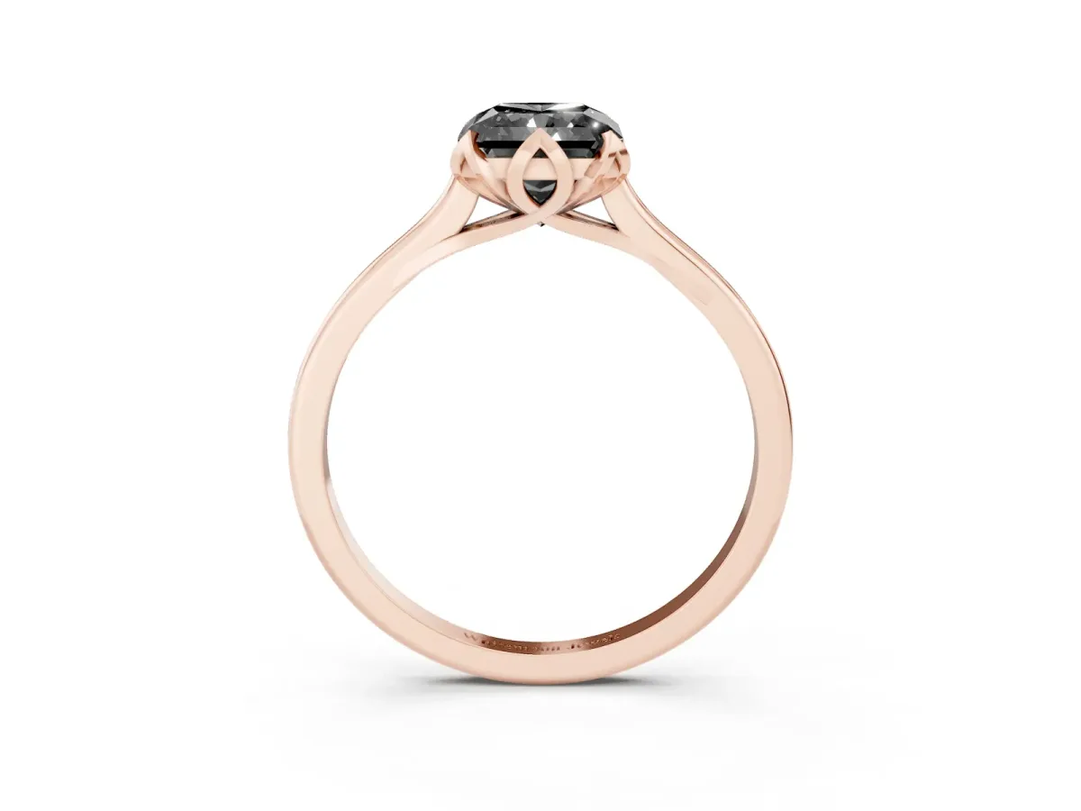 Fancy Black Radiant Cut Diamond Solitaire Ring with Flower Prong Setting and Classic Band Rose gold