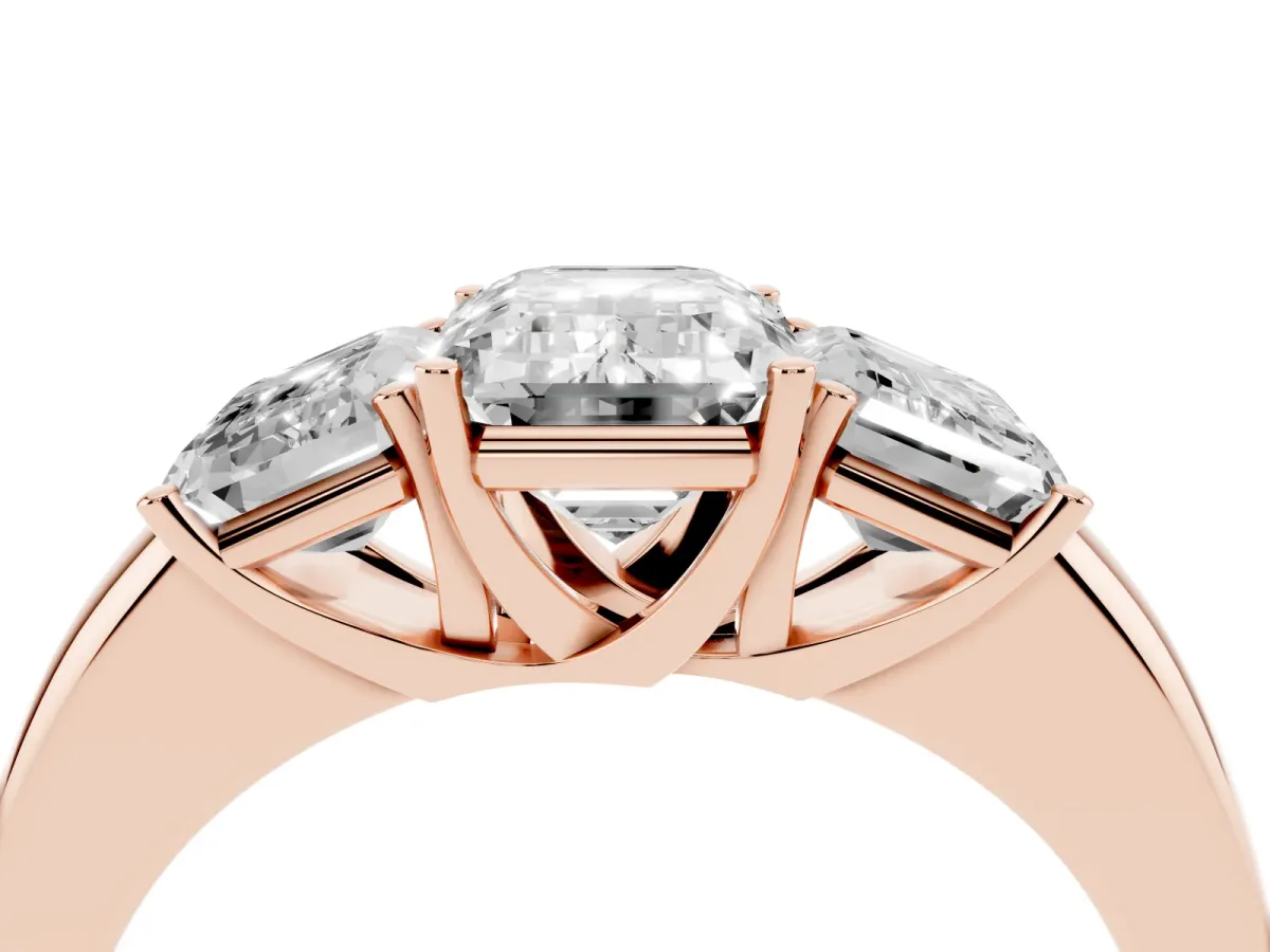 Emerald Cut Diamond Three-Stone Ring with Four-Prong Setting and Classic Band Rose gold
