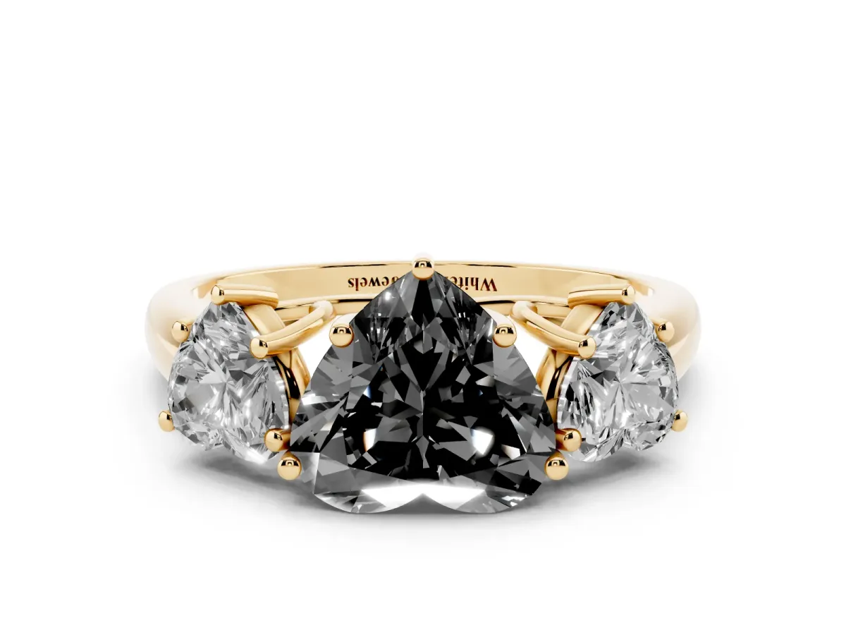 Fancy Black Three-Stone Heart Cut Diamond Engagement Ring with Prong Setting Yellow gold