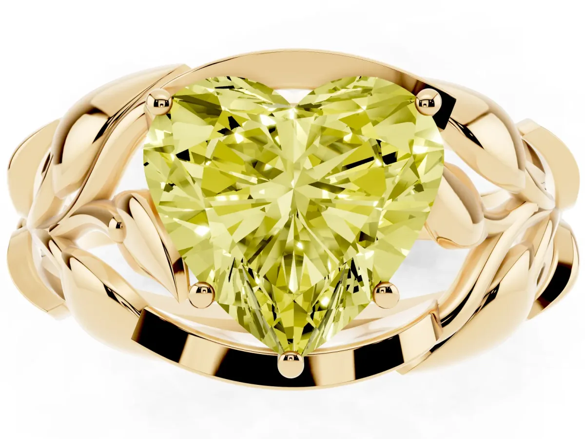 Fancy Yellow Heart Cut Diamond Leaf-Inspired Engagement Ring with Round Accents and Prong Setting Yellow gold