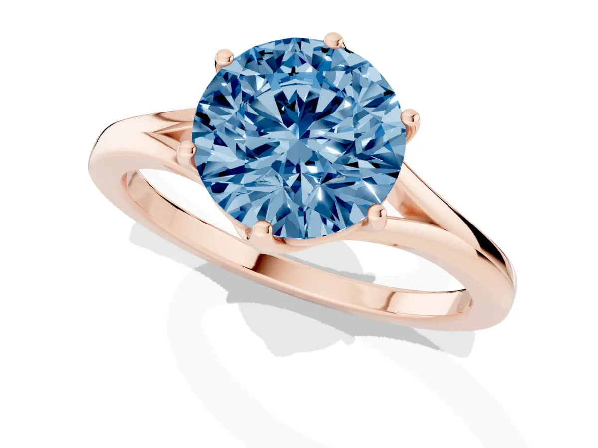 Fancy Blue Round Cut Solitaire Diamond Ring with Six-Prong Setting and Tapered Band Rose gold
