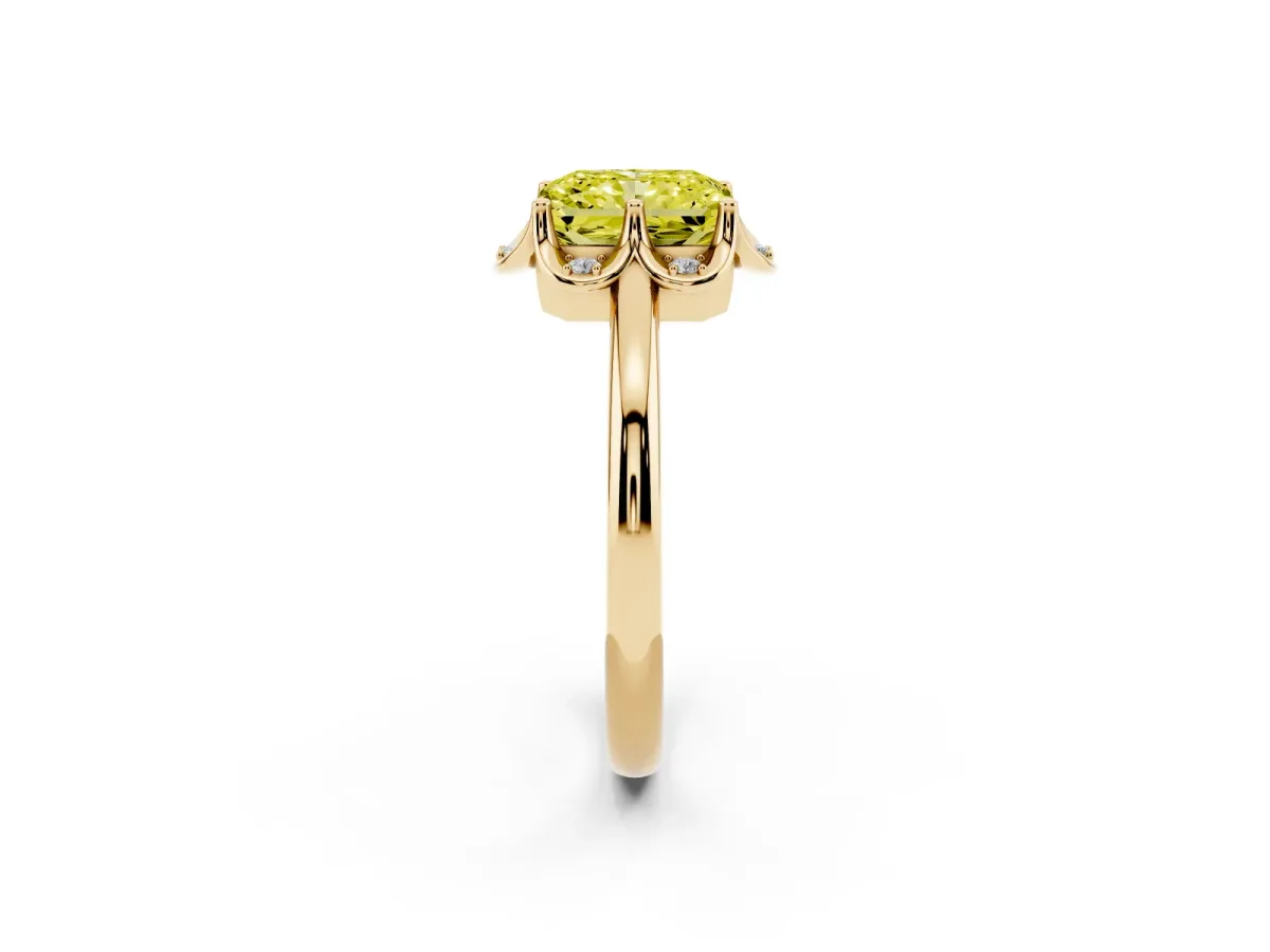 Fancy Yellow Radiant Cut Halo Diamond Ring with Round Cluster Setting, Solitaire Band, and Four-Prong Setting Yellow gold