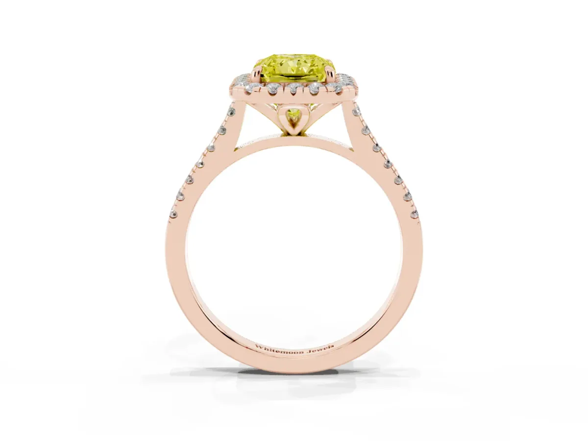 Fancy Yellow Radiant Cut Diamond Cushion Halo Ring with Pavé Band Rose gold
