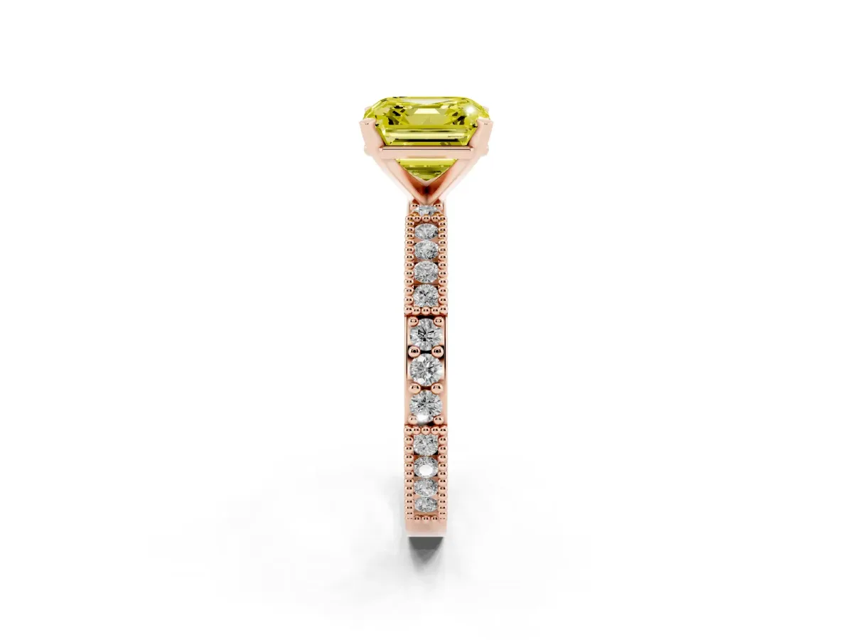 Fancy Yellow Asscher Cut Solitaire with Pavé Band and Four-Prong Setting Rose gold
