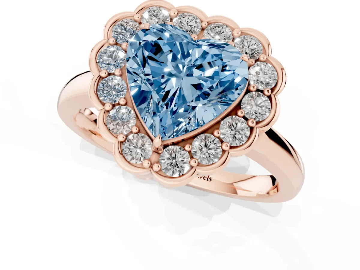 Fancy Blue Heart Cut Halo Cluster Diamond Engagement Ring with Solitaire Band and Prong Setting Rose gold