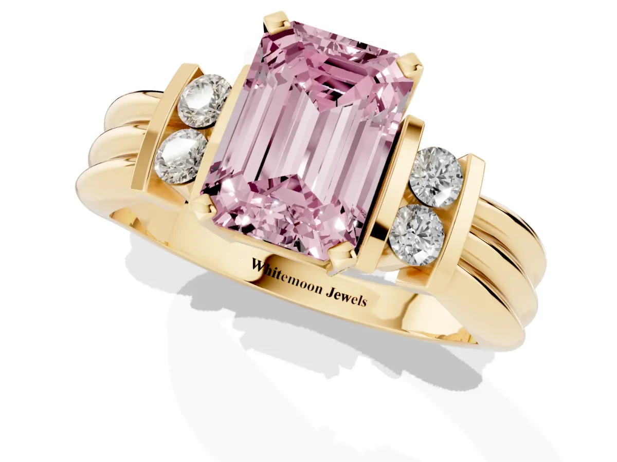 Fancy Pink Emerald Cut Cut Three-Stone Channel Set Ring with Bar Prongs Yellow gold