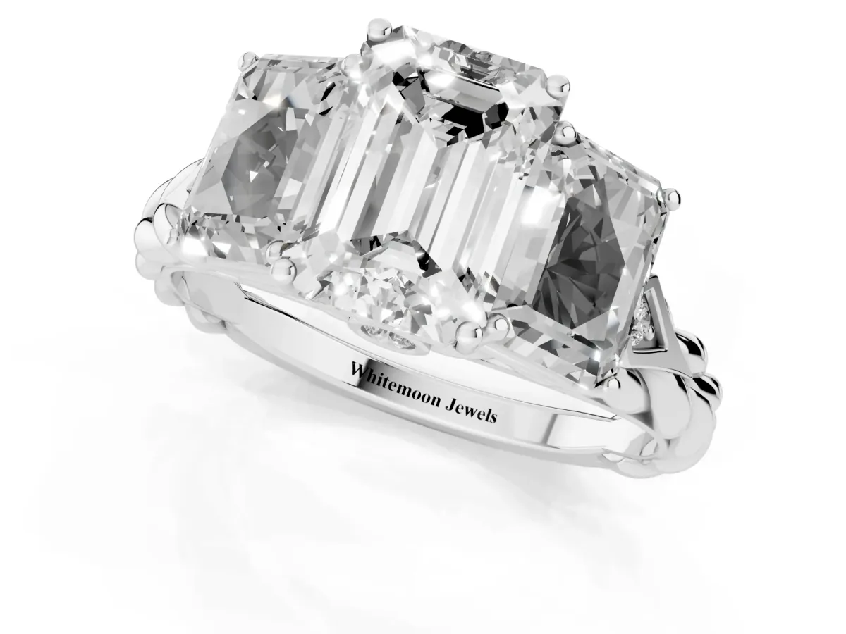 Three-Stone Emerald Cut Diamond Braided Band Ring with Four-Prong Setting Platinum