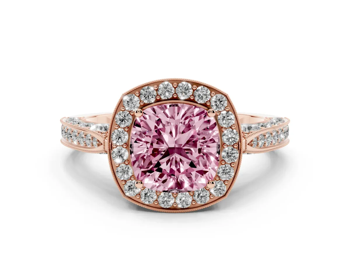Fancy Pink Cushion Cut Halo Diamond Engagement Ring with Split Shank Band and Four-Prong Setting Rose gold