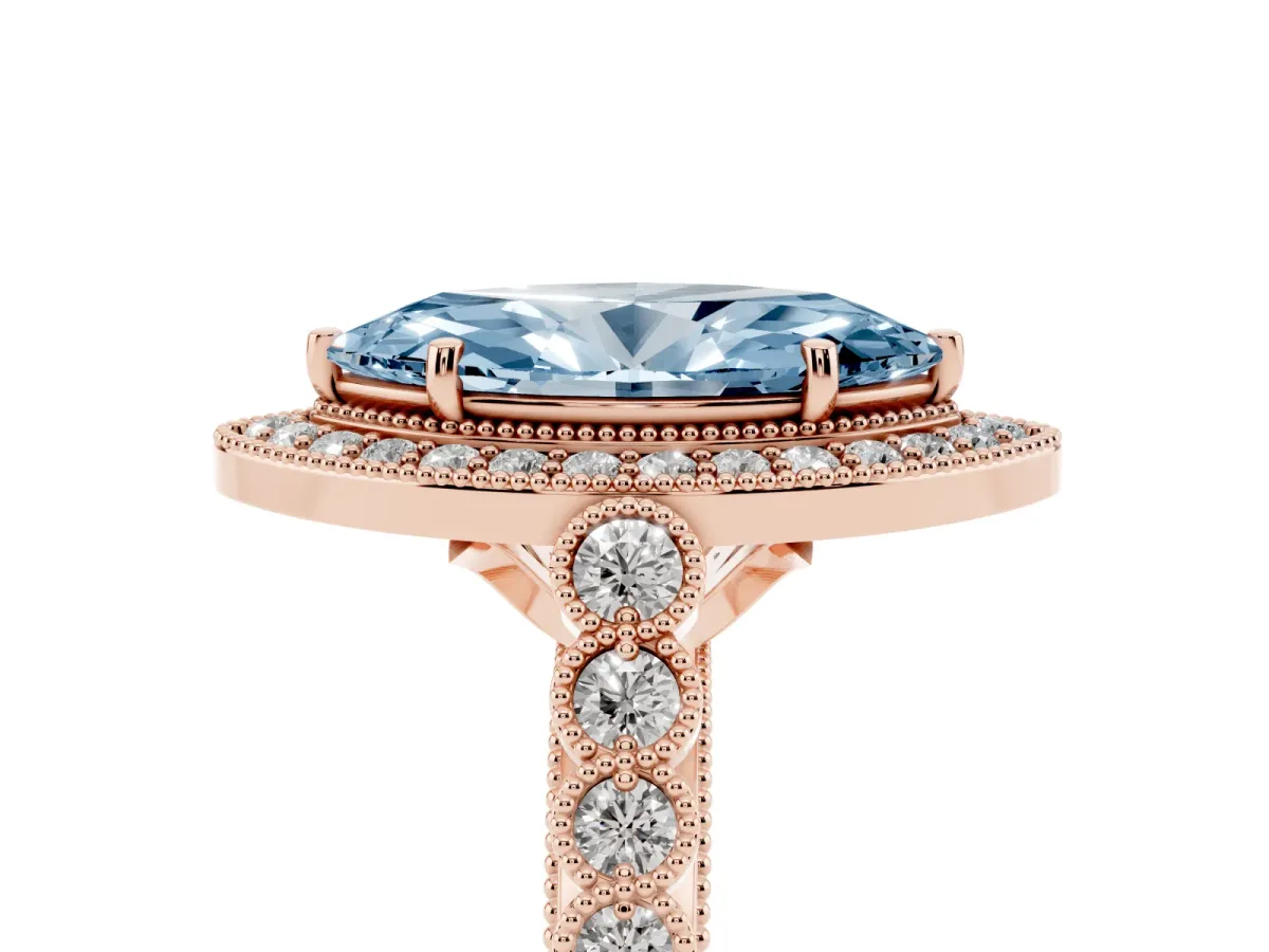 Fancy Blue Marquise Cut Halo Milgrain Solitaire with Bezel Set Side Stones and Pave Band Rose gold