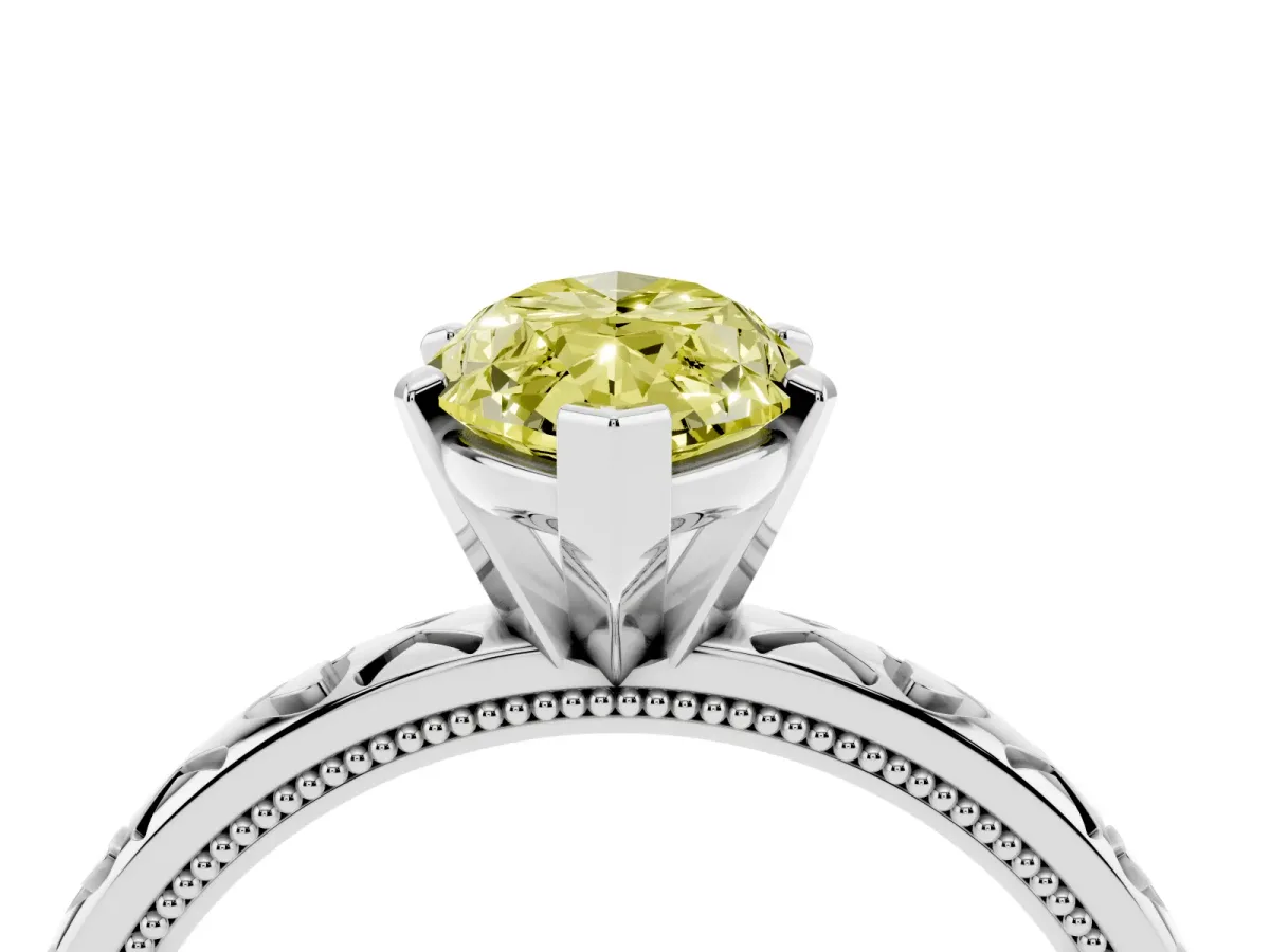 Fancy Yellow Marquise Cut Solitaire Diamond Engagement Ring with XO Engraved Band and Four-Prong Setting White gold