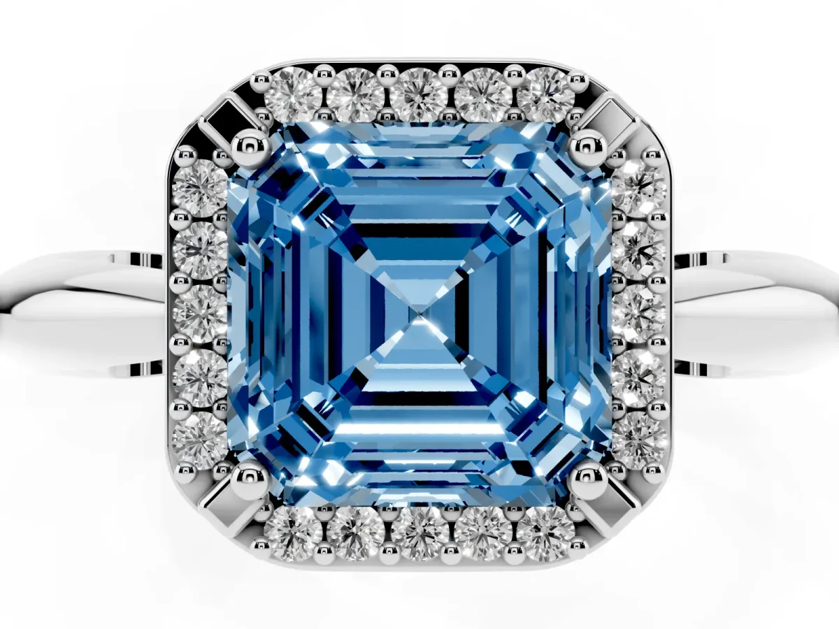 Fancy Blue Asscher Cut Cut Diamond Halo Engagement Ring with Split Shank and Four-Prong Setting Platinum