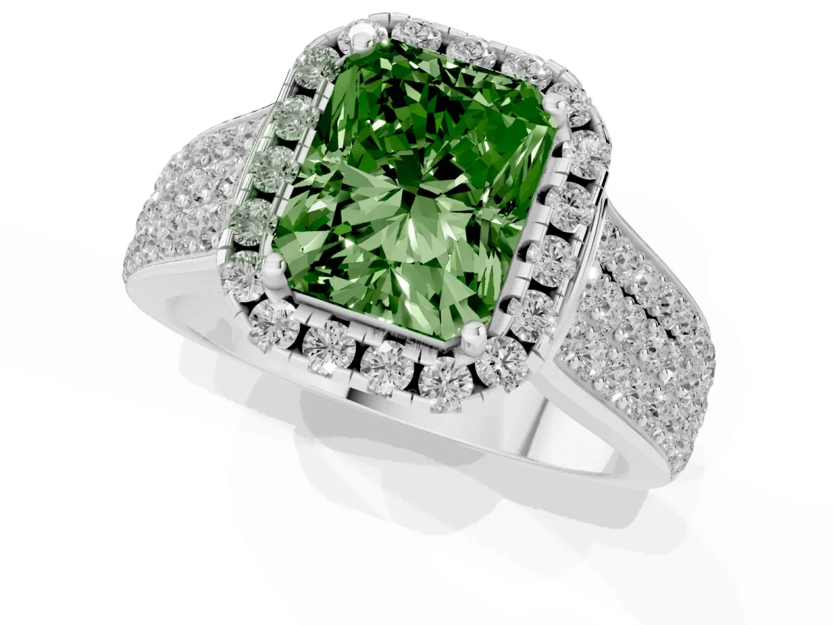 Fancy Green Radiant Cut Halo Round Diamond Pave Band with Prong Setting Silver