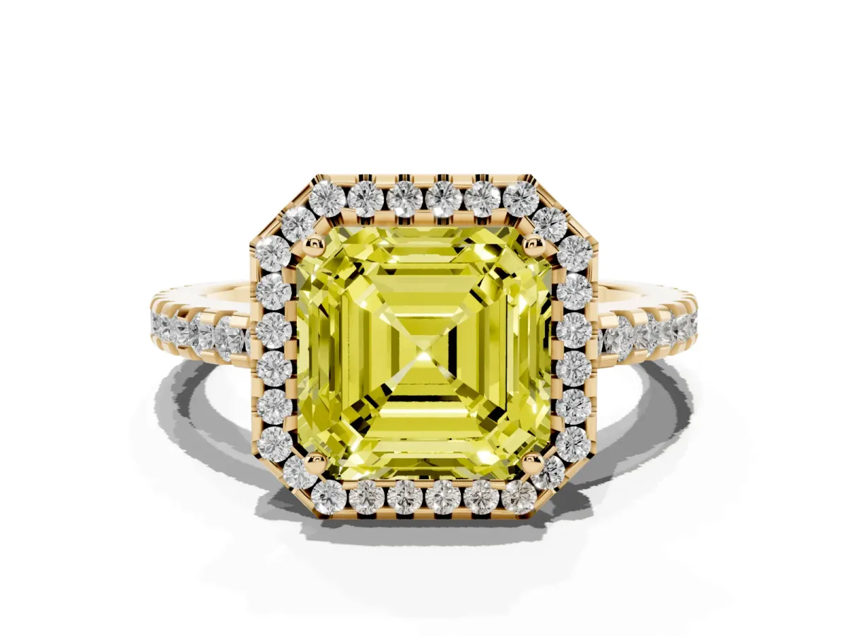 Fancy Yellow Asscher Cut Diamond Halo Engagement Ring with Pavé Band and Prong Setting Yellow gold