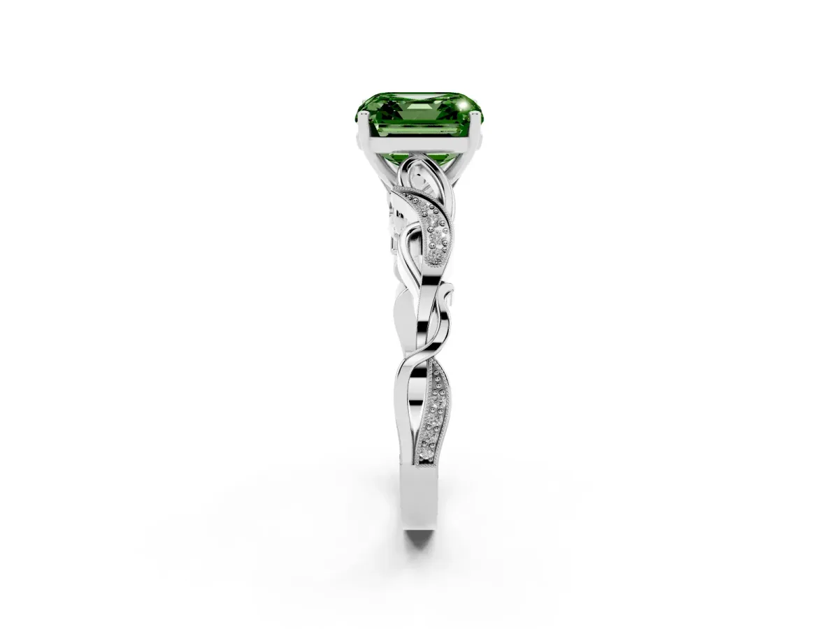 Fancy Green Asscher Cut Solitaire Vine Band with Milgrain Prong Setting Silver