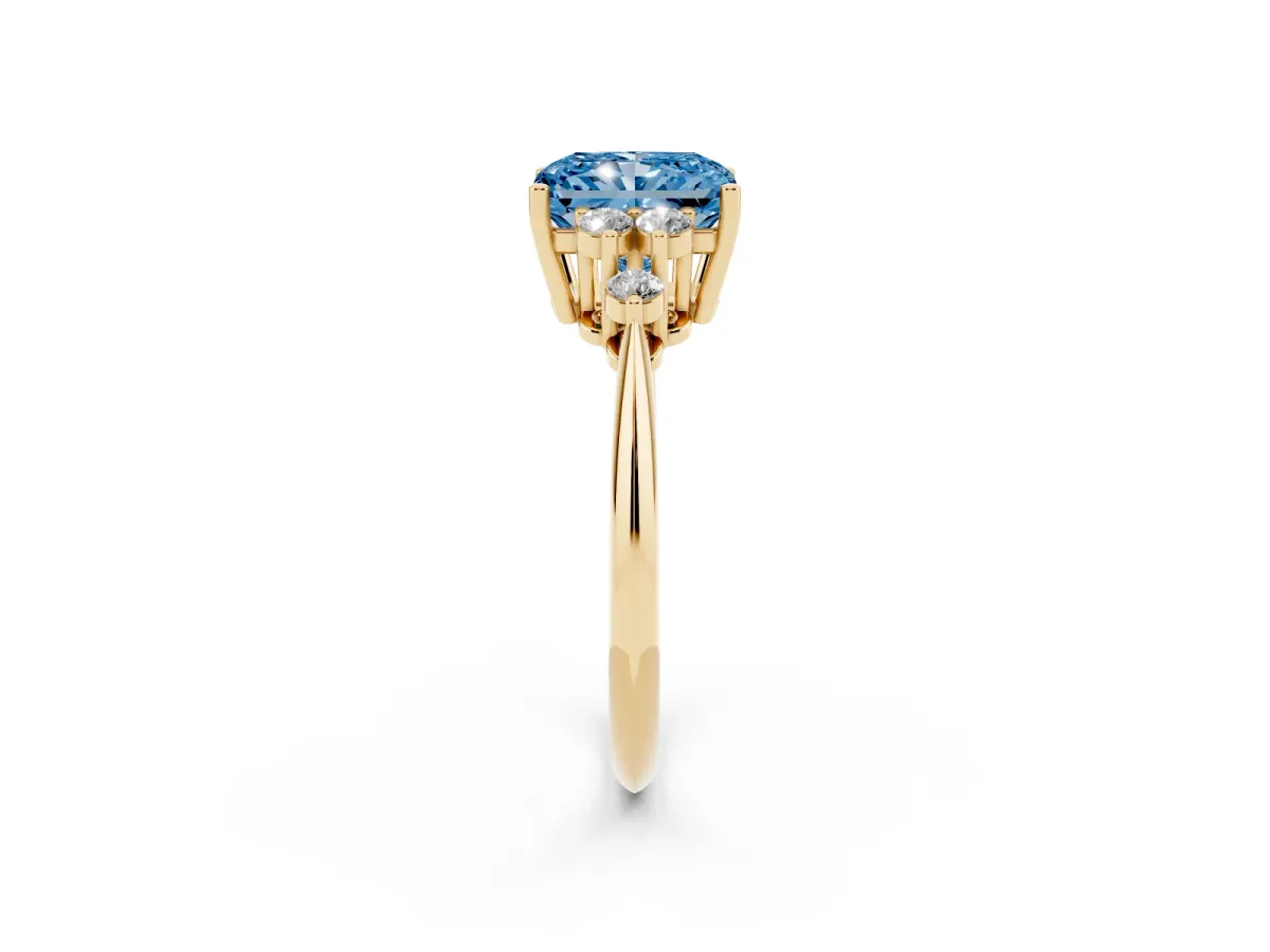 Fancy Blue Radiant Cut Cut Diamond Cluster Ring with Solitaire Band and Four-Prong Setting Yellow gold