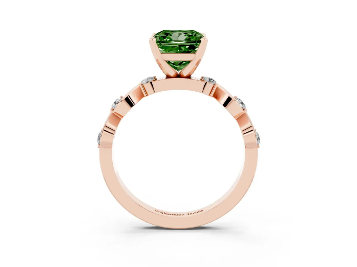 Fancy Green Princess Cut Diamond Solitaire Twisted Band with Round Accents and Prong Setting Rose gold