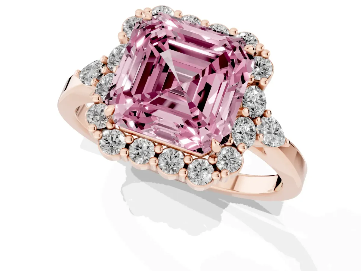 Fancy Pink Asscher Cut Diamond Halo Ring with Pear Side Stones and Prong Setting Rose gold