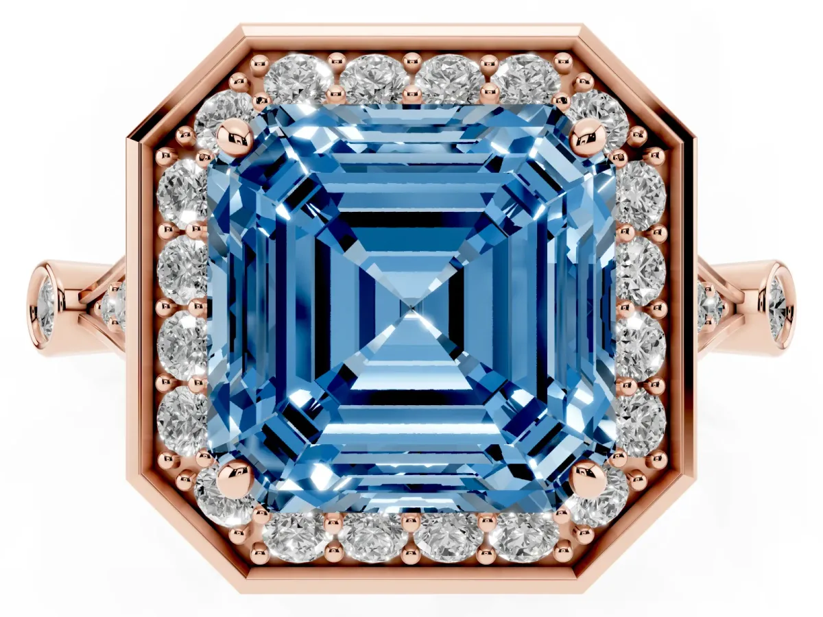 Fancy Blue Asscher Cut Halo Diamond Engagement Ring with Twisted Band and Four-Prong Setting Rose gold