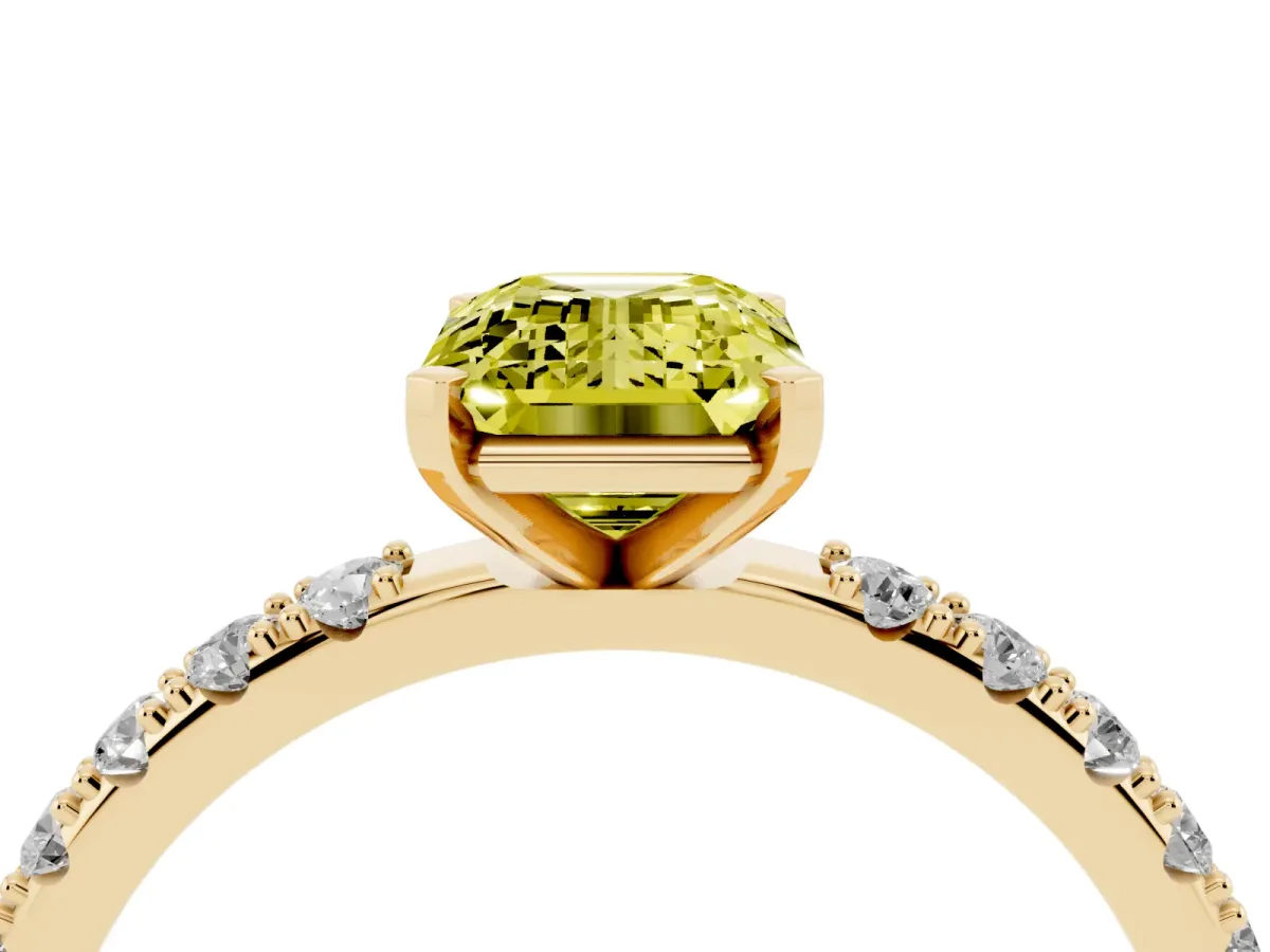 Fancy Yellow Emerald Cut Diamond Solitaire Pavé Band with Four-Prong Setting Yellow gold
