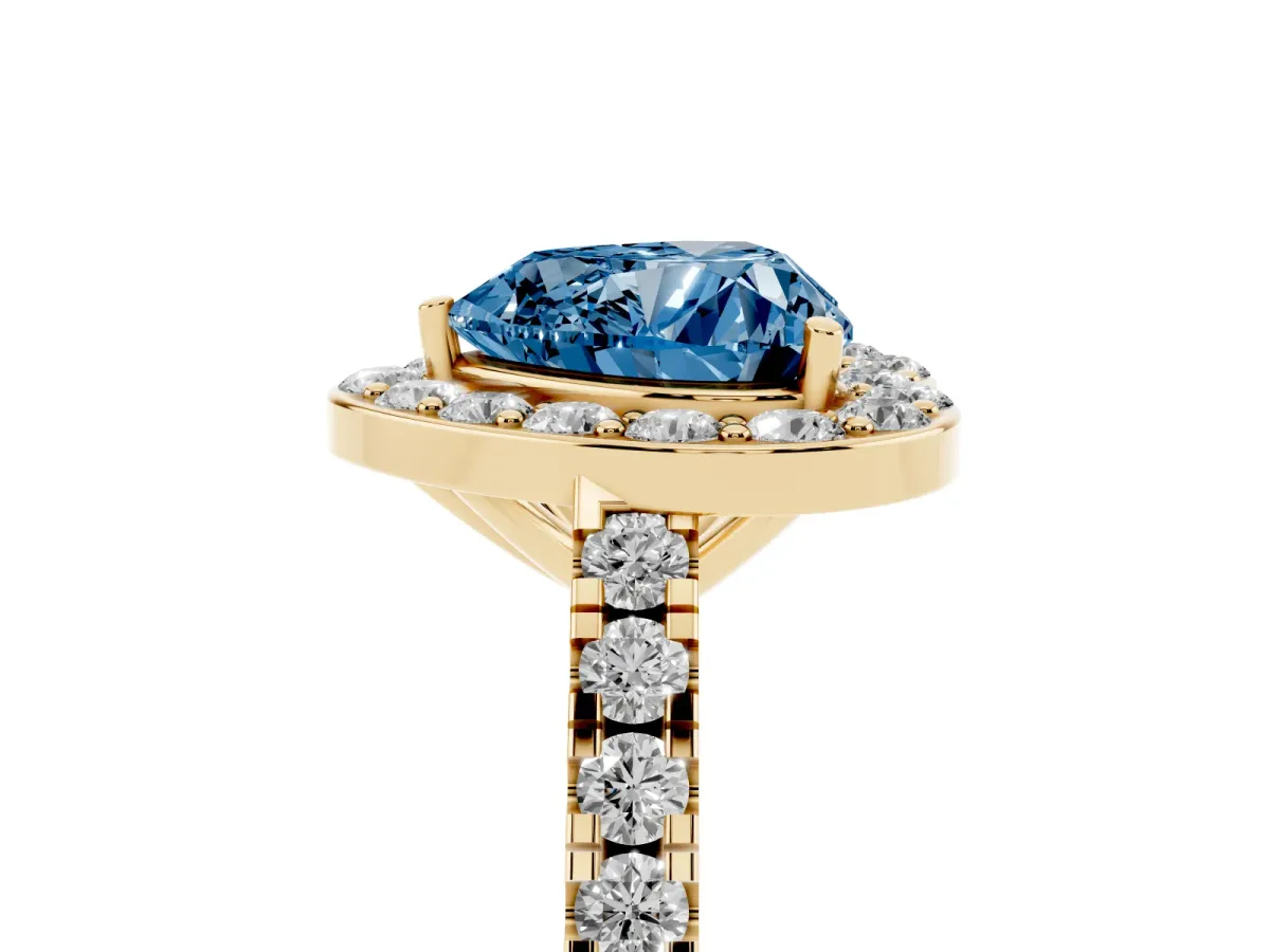 Fancy Blue Heart Cut Diamond Halo Ring with Round Pavé Split Shank and Prong Setting Yellow gold