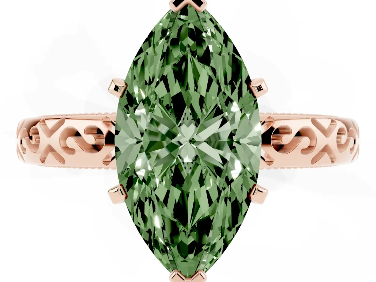 Fancy Green Marquise Cut Solitaire Engagement Ring with Scrollwork Band and Four-Prong Setting Rose gold