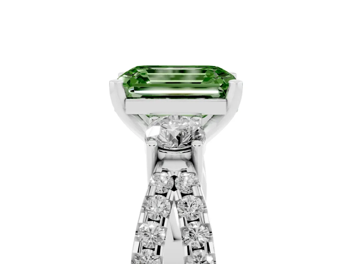 Fancy Green Emerald Cut Diamond Three-Stone Ring with Pavé Split Shank and Four-Prong Setting Silver