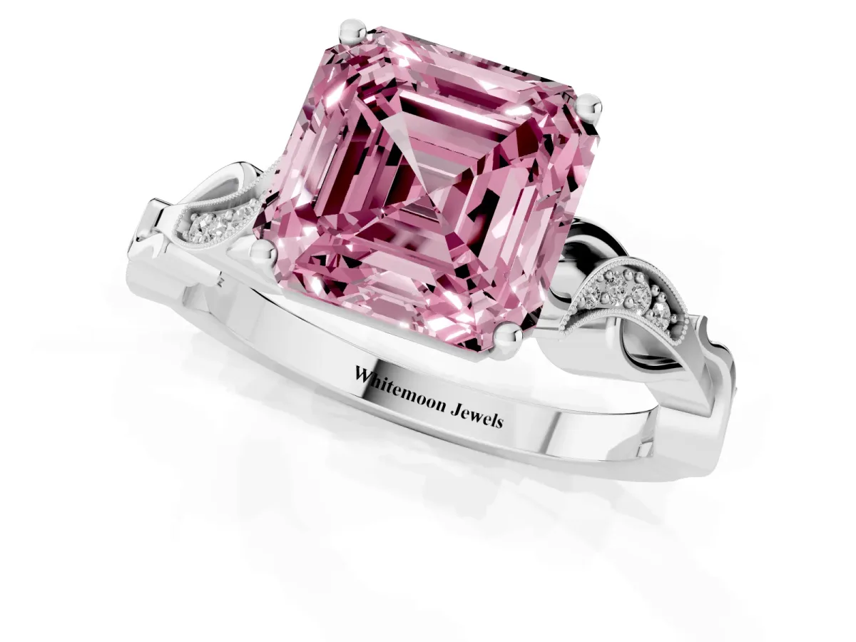 Fancy Pink Asscher Cut Solitaire Vine Band with Milgrain Prong Setting Platinum