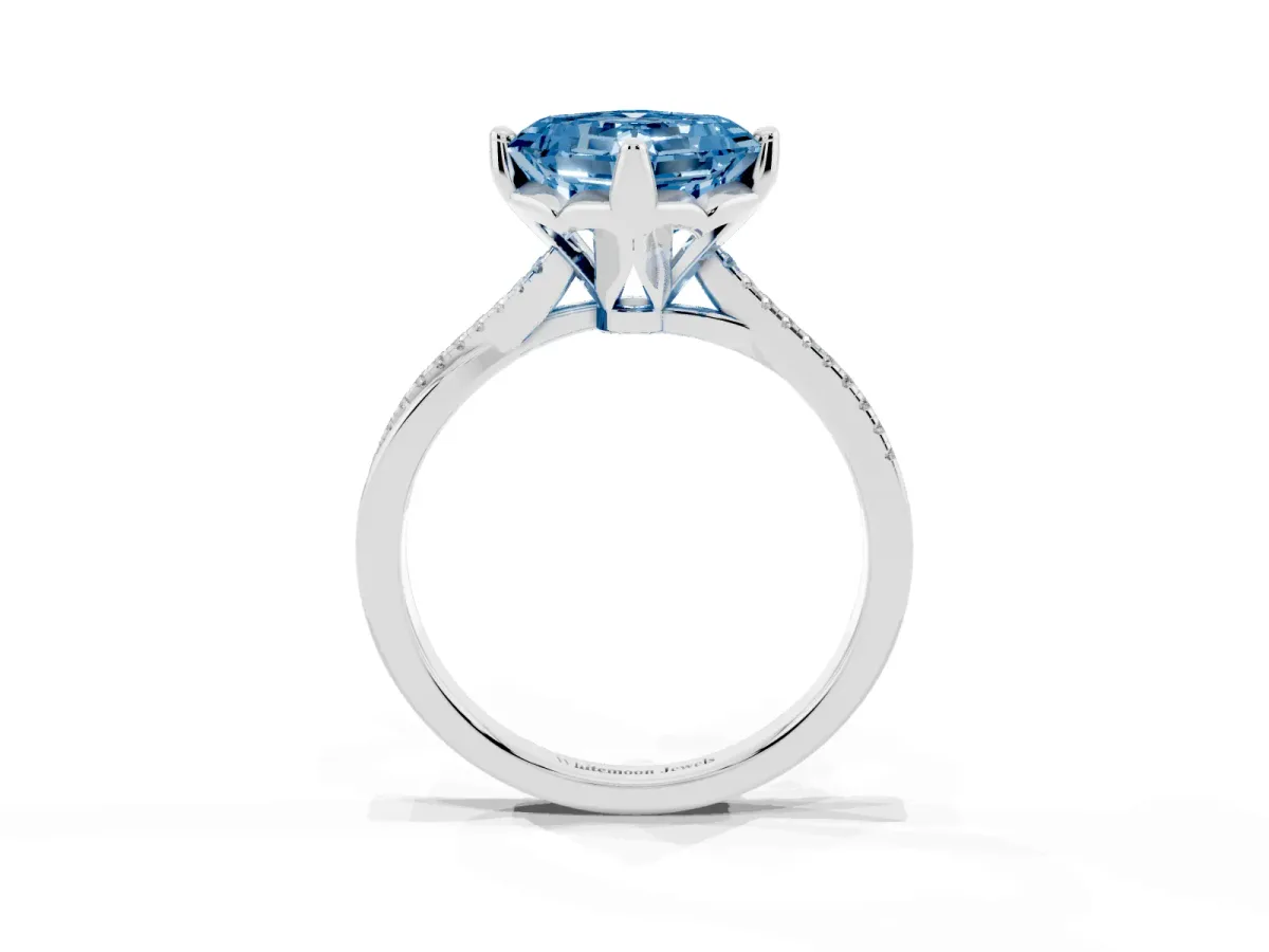 Fancy Blue Asscher Cut Solitaire Twist Band with Pavé Diamonds and Four-Prong Setting White gold