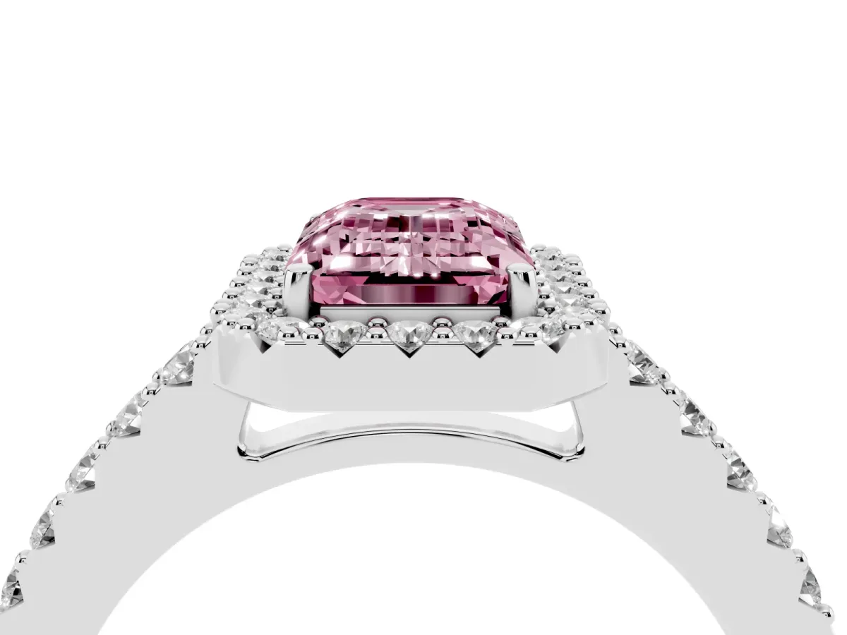 Fancy Pink Emerald Cut Halo Diamond Pavé Solitaire Ring Platinum