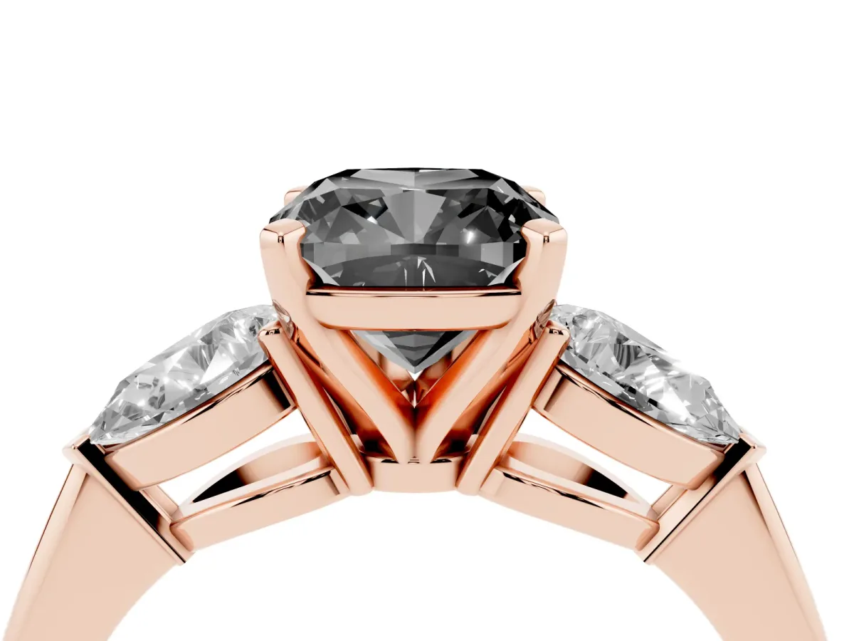 Fancy Black Three-Stone Cushion Cut Diamond Ring with Pear Side Stones and Four-Prong Setting Rose gold