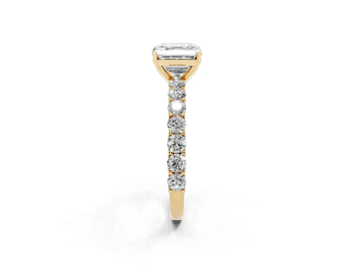 Asscher Cut Diamond Solitaire Ring with Shared Prong Pavé Band and Four-Prong Setting Yellow gold