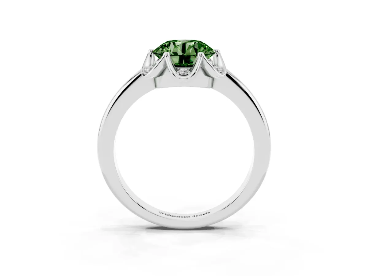 Fancy Green Round Cut Halo Diamond Ring with Round Cluster Setting, Solitaire Band, and Four-Prong Setting Silver
