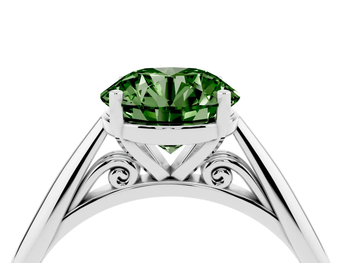 Fancy Green Round Cut Diamond Solitaire Engagement Ring with Cathedral Setting and Four-Prong Mount Silver