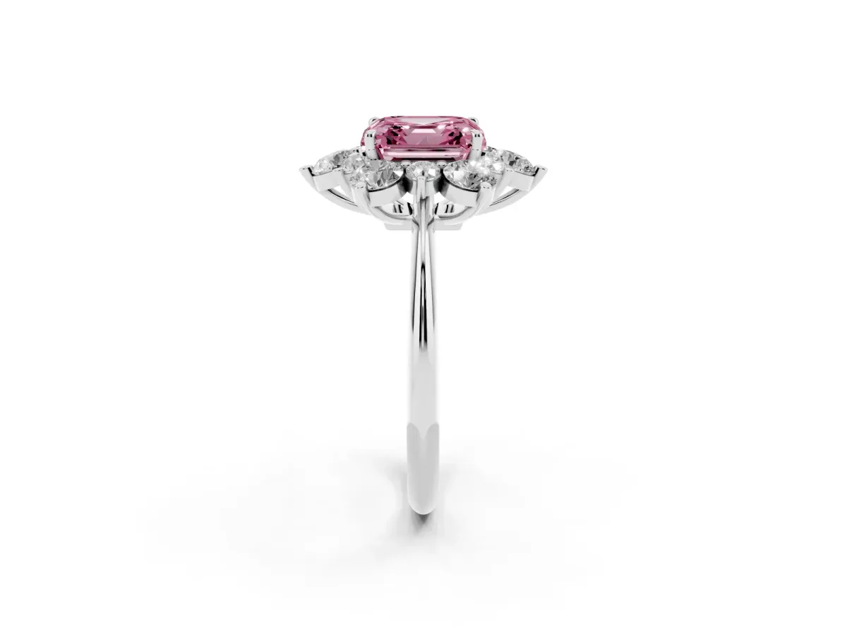 Fancy Pink Asscher Cut Diamond Cluster Halo Ring with Solitaire Band and Four-Prong Setting Silver