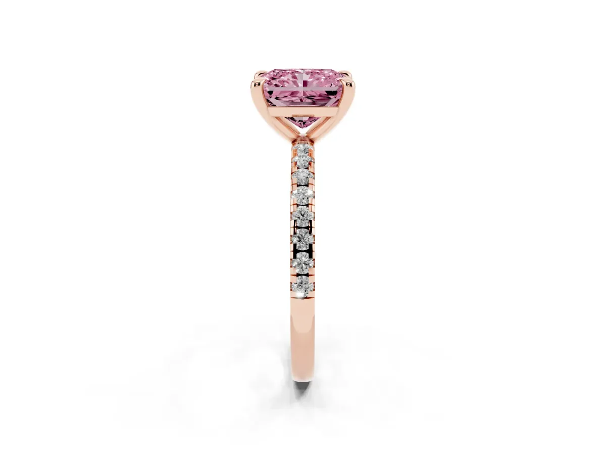 Fancy Pink Radiant Cut Diamond Brilliant Solitaire Ring with Pavé Band and Four-Prong Setting Rose gold
