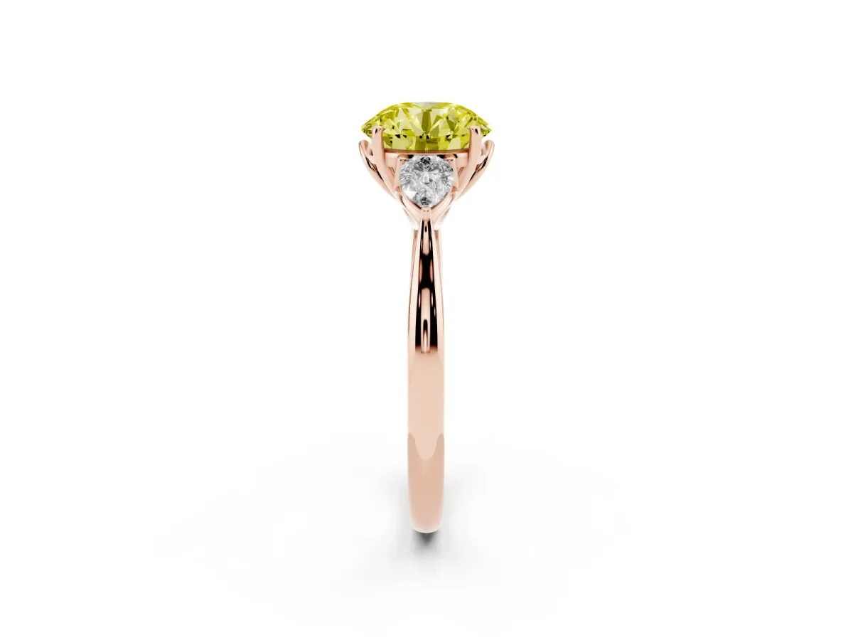 Fancy Yellow Round Cut Diamond Three-Stone Ring with Pear Side Stones and Prong Setting Rose gold