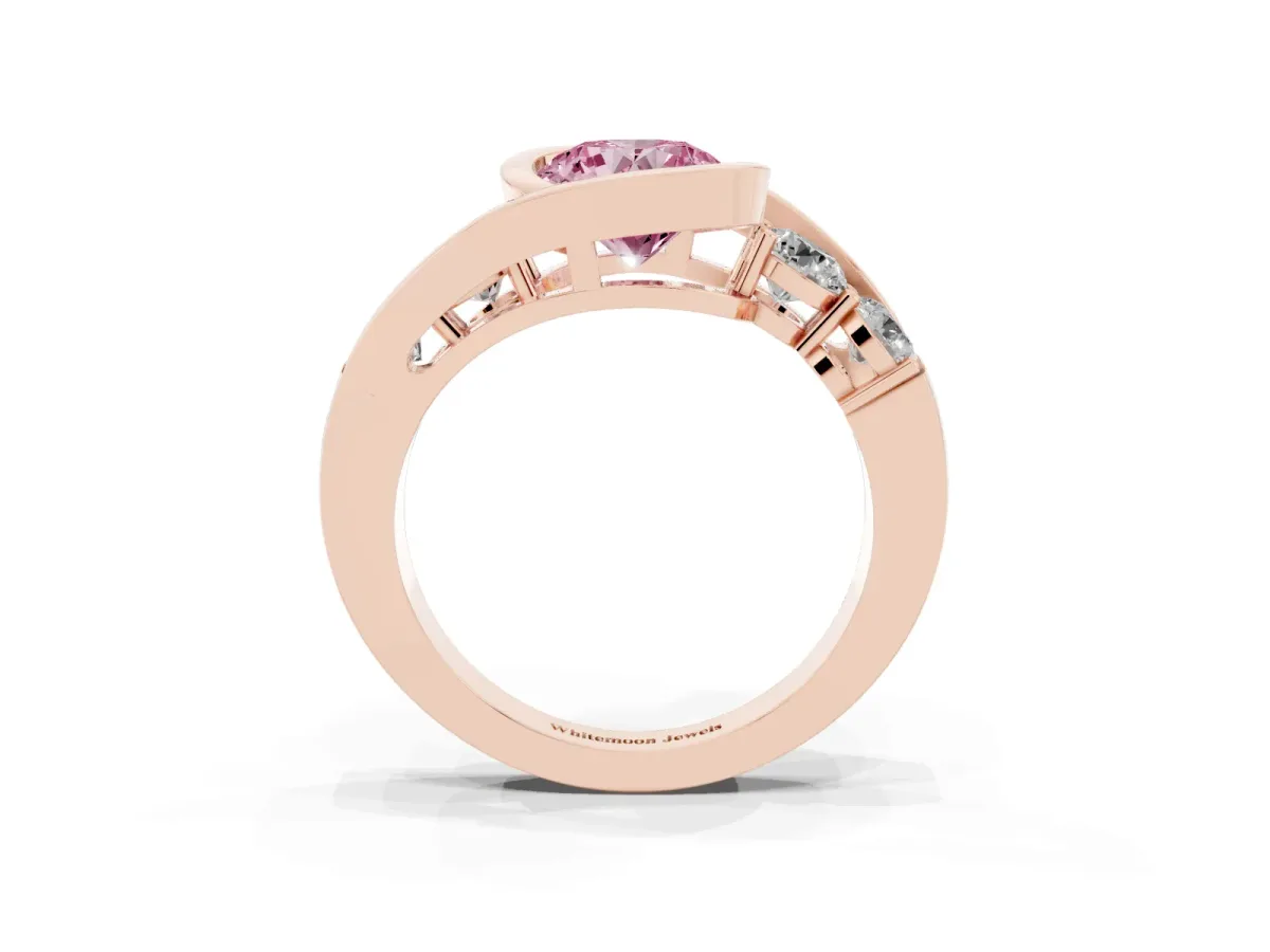 Fancy Pink Bezel Set Round Cut Diamond Bypass Ring with Round Accents Rose gold
